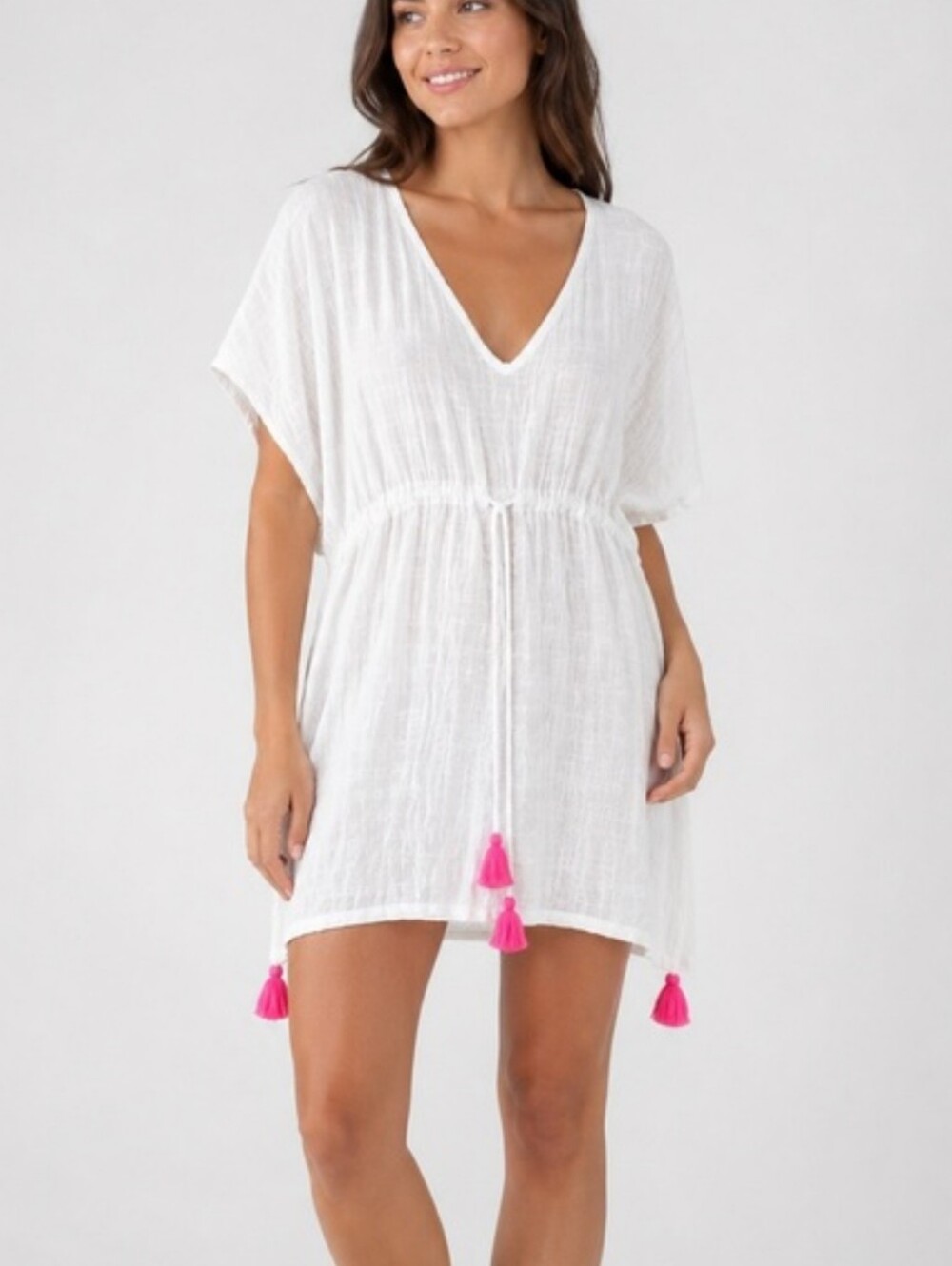 EUC Aerie White Gauze Tassel Swim Cover Up Caftan Tunic XS/S Oversized Fit